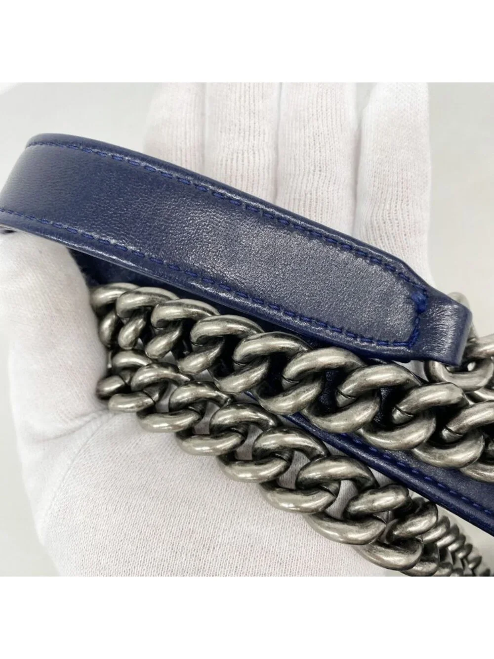 Chanel Shoulder Bag Boy Suede Navy Silver